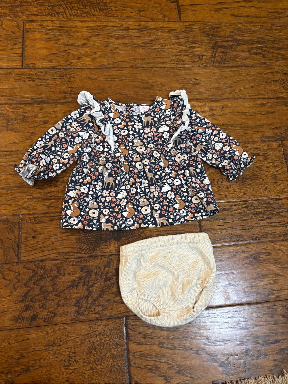 Multiples Navy Floral & Woodland Animal Top with Cream Bloomers